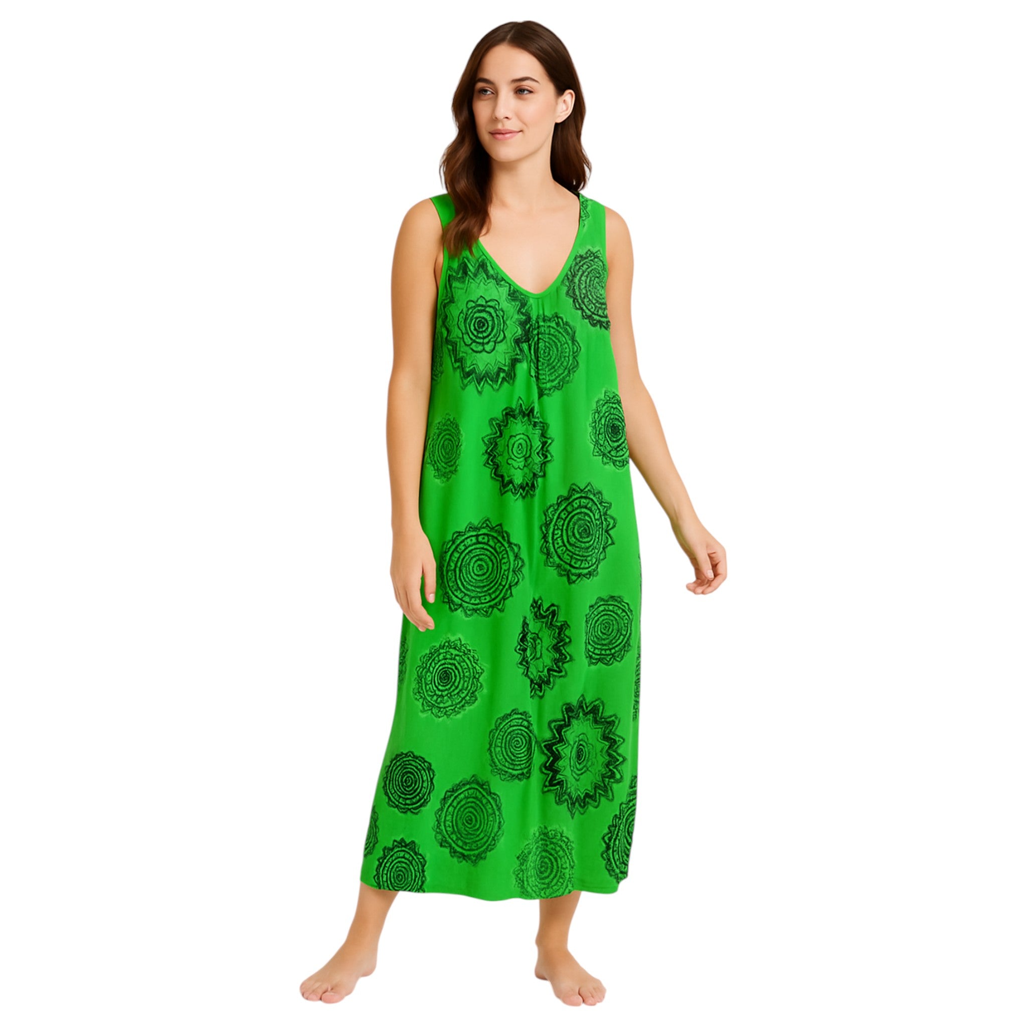 Women's sleeveless green boho summer midi dress with paisley print – lightweight and flowy beach holiday dress